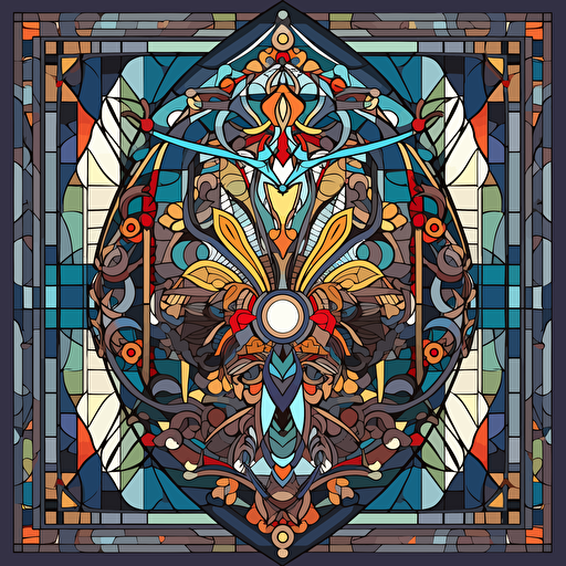 a colorful stained glass vector, in the style of contemporary middle eastern and north african art, symmetrical composition, patrick brown, shaped canvas, bamileke art, reimagined religious art, melancholic symbolism
