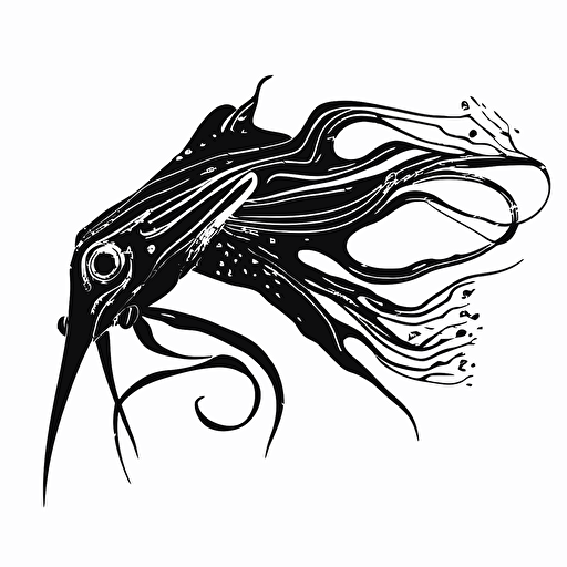 squid, svg, vector art, lineart, stencil, black and white, transparent background