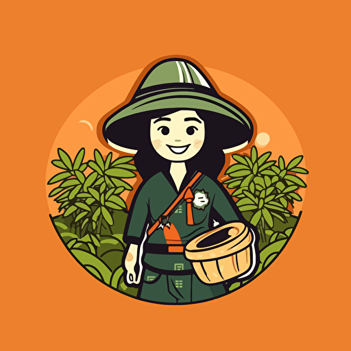 a mascot logo of a smiling assamese tea plucker wearing her lage hat standing in tea bushes with her basket behind her , japanese style, simple, vector