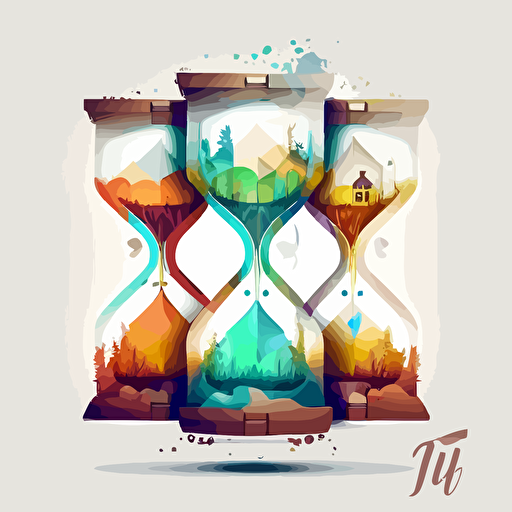 five transparent exploding hourglasses with a small town inside. Nature is represented. Vector styling. Very colored. White background