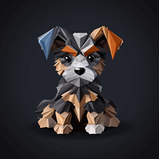 colorful origami tricolor Merle brown and grey puppy dog with one blue eye and one brown eye, vector art, black background