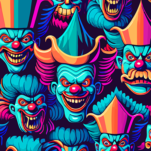 a seamless scary clown pattern with stephen kings it included in a cartoony vector style using neon saturted colours