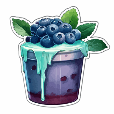 : An illustration of a blueberry and yogurt mousse with blueberry puree and mint leaves on top, in watercolor style, as a die-cut sticker design, vector format, on a white background. The mousse is in a clear square mica plastic cup, the mint leaves are on top, and the blueberry puree is drizzled over the top of the mousse. The watercolor style is loose and flowing, with a focus on blending and texture, and the colors are vibrant and fresh.