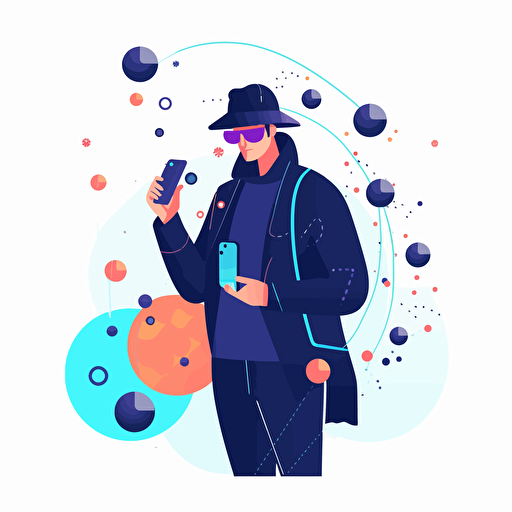 simplified flat art vector image of hacker using cellphone and a bubble on top of the man with three dots in it on a white background, Corporate Memphis style