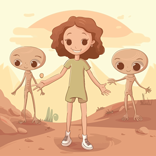 a young girl meeting friendly aliens on another planet. Vector illustration.