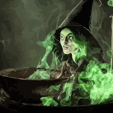 close shot witch lair brewing magical potion depressing gloomy tired detailed witch hat dungeon green smoke fire smoke realism realistic hyper detailed green lighting ambient lighting green smoke fog smoke cinematic lighting haze bokeh 3d render blender octane render render artstation detailed face symmetric face