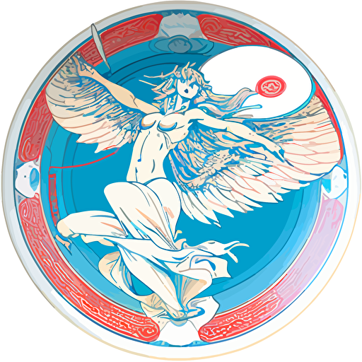 amazing vector 2d creative design style with great detail and incredible artistic perception artifact Japanese ukiyoe anime disc golf throwing pro with Alphonse Mucha detail circle with a white background, edge frame has amazing design detail with blue white red vivid contrast flying disc frisbee ethereal