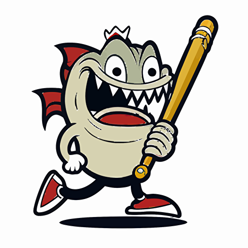 suckermouth catfish baseball mascot swinging an american baseball bat, simple vector, rubber hose cuphead style