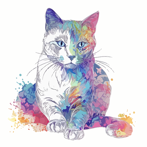 cat, Cheerful, Neon, Contour, Vector, White Background, light watercolor, few details, dreamy, Batik