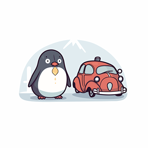 Vector date, w/b art, Fiat 500 with emperor penguin, Cute style, white background,