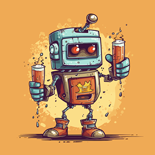 cute happy robot holding a beer, coastal, cartoon graffiti, vector