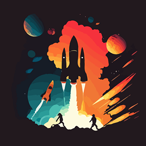 An illustration for colorbook featuring rockets launching into the galaxy, silhoutte, vector, do not use color.