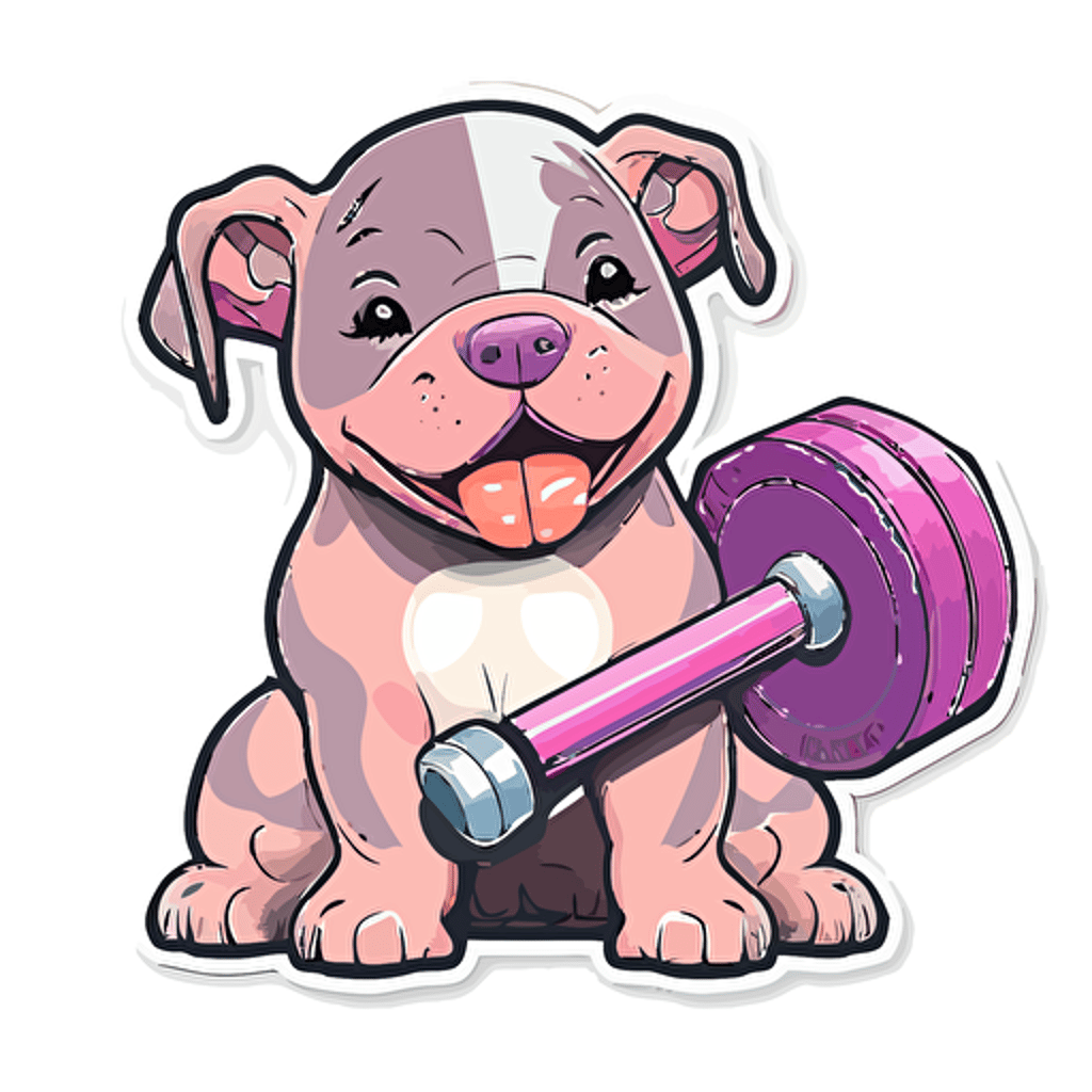 vector happy pitbull puppy sitting next to a dumbell sticker+ white background + vibrant pink and purple+ cartoon