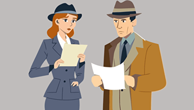 A women dressed in business casual clothing holding a piece of paper, showing it to a man dressed as a detective. flat style illustration for business ideas, flat design vector, industrial, light color pallet using a limited color pallet, high resolution, engineering/ construction and design, colored cartoon style, light indigo and light gold, cad( computer aided design) , white background