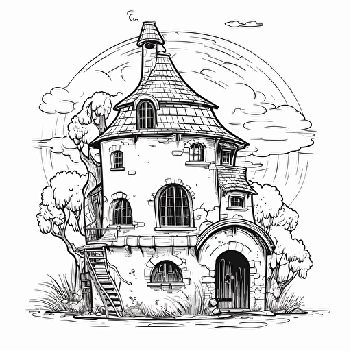 a tall whimsical black and white medieval hobbit house, in a flat 2d vector style, black and white, no perspective
