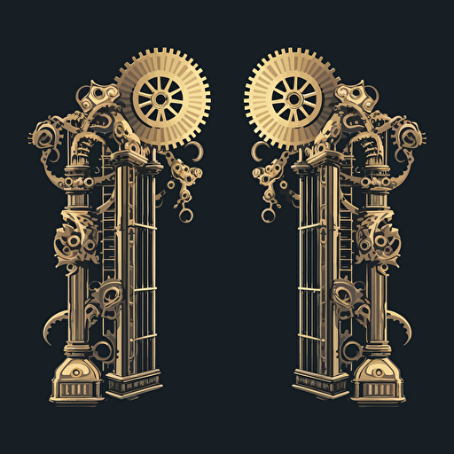 symmetrical open gates with a gear coming out of them, as simple as possible, vector