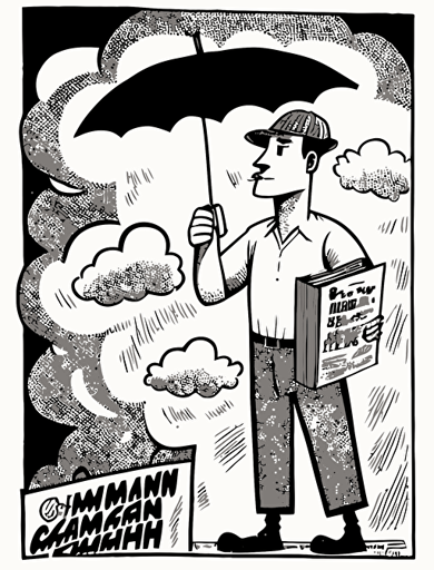 Ben Shahn, American comics inner paper style, no title. There are an Asian young climate activist, a delivery rider, a female human rights activist, and a worker, and they imagine a "hammer" together on a big stage, hammer illust in a thought cloud, non-letter illustration. white background, vector drawing.