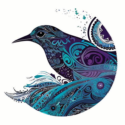 a petrel covered in beautiful detailed aboriginal and Māori designs, in teal, purple and blues on a white background in a half circle. Vector style.