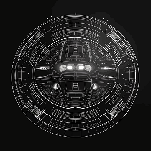circular spaceship on black background, 2d vector