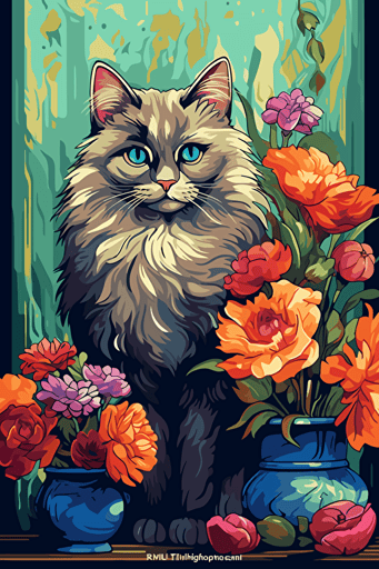 colorful svg vector drawing of a beautiful cat near a vase full of flowers