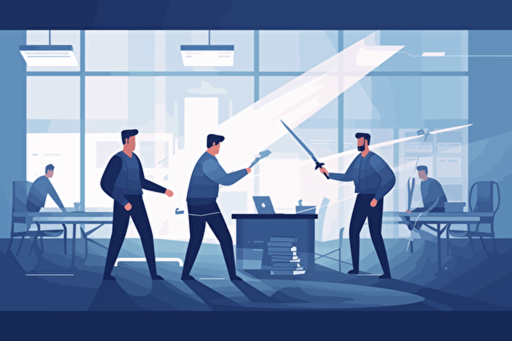 People in an office king fu fighting, flat style illustration for business ideas, flat design vector, industrial, light and magical, high resolution, entrepreneur, colored cartoon style, light indigo and dark indigo, cad( computer aided design) , white background