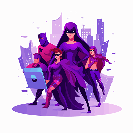 cute and fun style, overlook angle, vector cartoon vector flat, Company stable protected by employees in superhero costumes against cyber criminals and cyber attacks, white background, main color purple