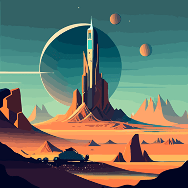 a huge glass tower built into the side of a massive mountain in the middle of the desert on a distant planet, sci fi tower, impossibly tall, embedded into the mountain, blue skies, sandy desert, mountain range in background, 3 moons, flat vector art style