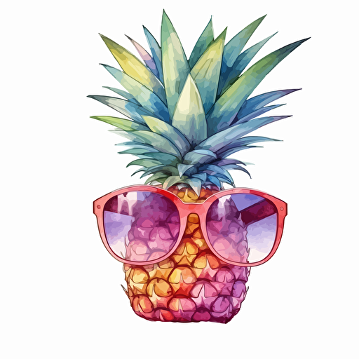 Cute watercolor design of pineapple with wearing pink sunglasses, vector