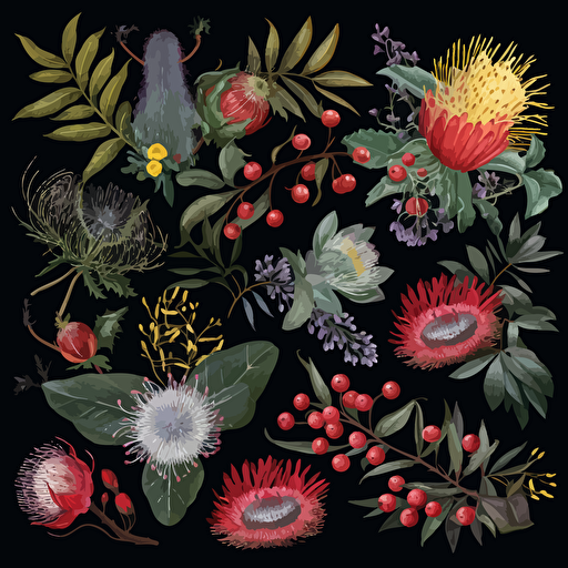 A collection on black with australian native christmas flowers, watercolour, vector, clipart, intricate, ultra