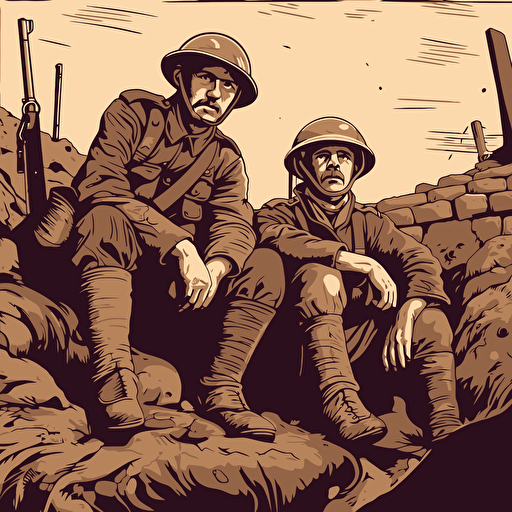 two sad soldiers world war I , in the trenches with helmets, 16:9 format, illustration vectorial style, limited color palette