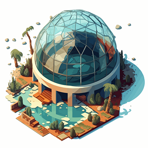isometric cartoon vector image of a smashed aquarium dome building with transparent background