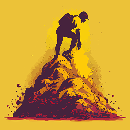 mutlicoloured vector with no gradients, yellow coloured worker climbing a pile of dirt on all fours
