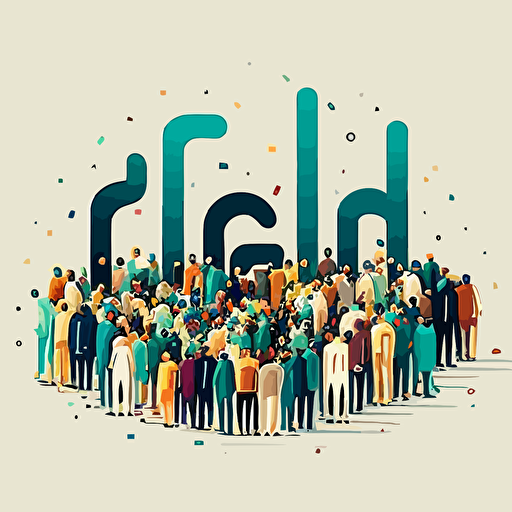Large group of people standing together forming "Happy EID" word flat vector illustration business team work