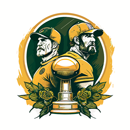 two brothers, Brozen Tundra, Lambeau Field, Green Bay Packers, looking tough,trophy, wearing green and yellow, wearing an oblong brown football, sports logo style, white background, vector