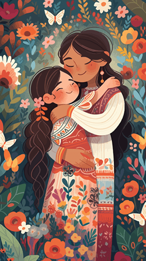 In the center of the picture are mother and child, both smiling. The mother's arms are wrapped around the child, and the child rests his head on the mother's shoulder. They are dressed in bright colors, making the whole picture look lively and cheerful. The background is a beautiful garden full of flowers and greenery. Some butterflies and birds also appear in the picture, adding some natural elements to this warm scene. The tone of the picture will be very bright, moments of happiness and joy, vector illustration,flat illustration, whimsical children's book illustration