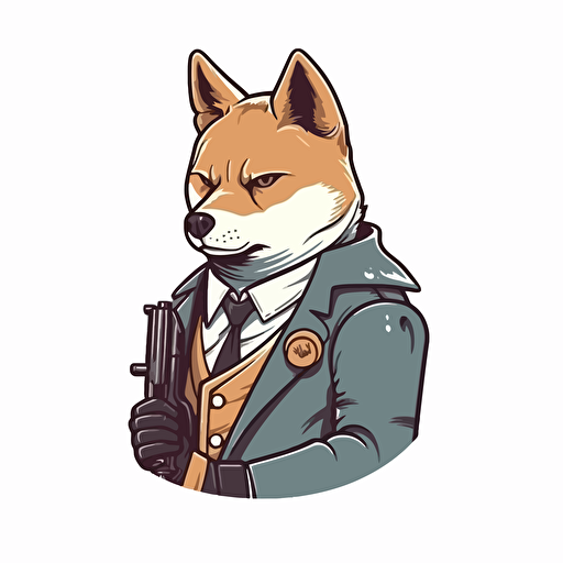 shiba inu in anime style 2/3 left side profile shot, Shiba Inu wearing gun, Vector illustration, white background