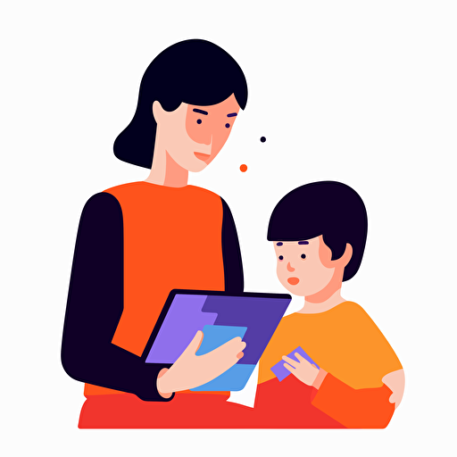 parent and child interacting with ipad, minimal coloful vector illustration png