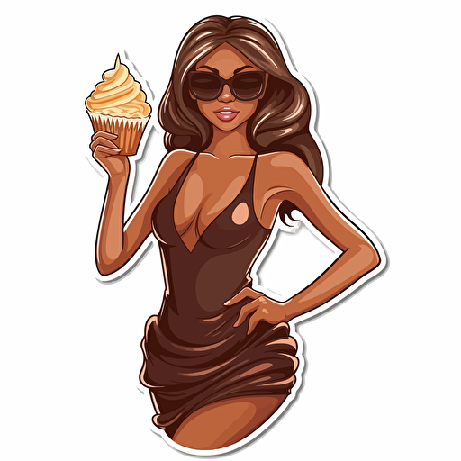 sticker vector illustration, a female stylish with diva sunglasses and diva attitude, in a dress made of delicious chocolate frosting, with hair like chocolate frosting too