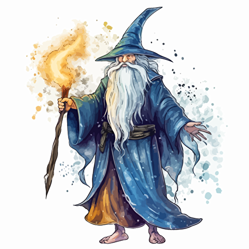cool wizard, detailed, cartoon style, 2d watercolor clipart vector, creative and imaginative, hd, white background