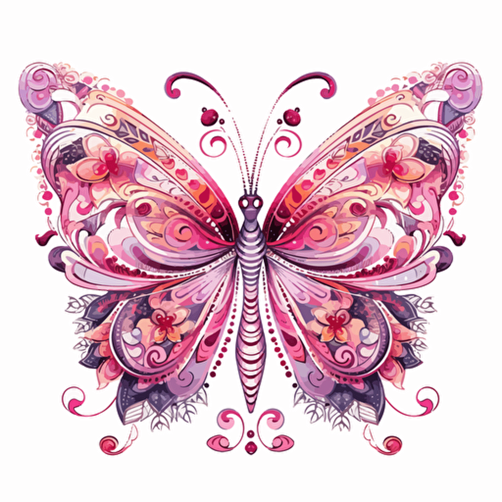 whimsical floral butterfly design in Pink, watercolor, detailed, vector