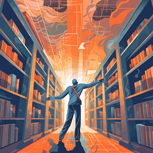 a vector image of a man reaching for a book in a long library isle, blue and orange and dark gray, graffiti style