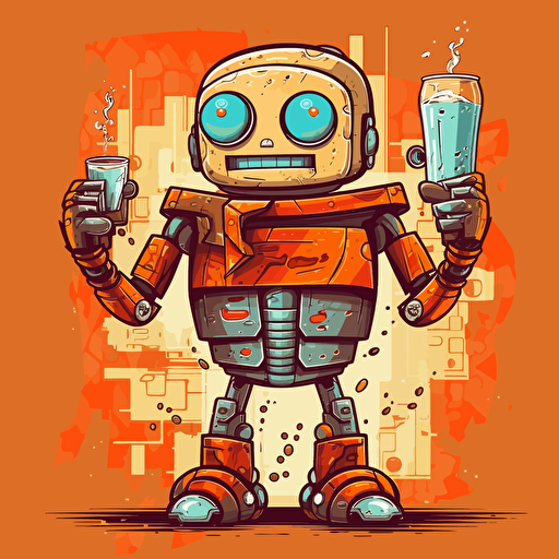 robot holding a beer, cartoon graffiti, vector