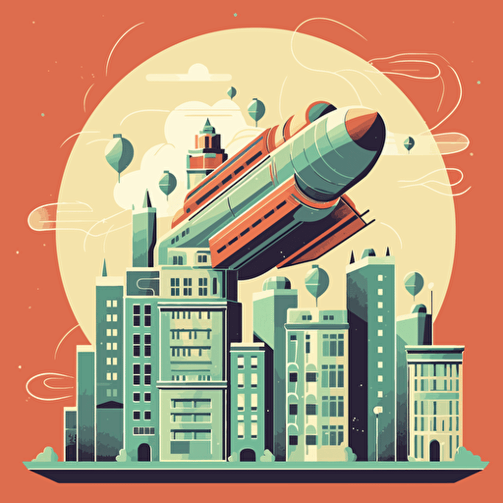 animated image of a spaceship pulling boxes out of a city, vector art style, v