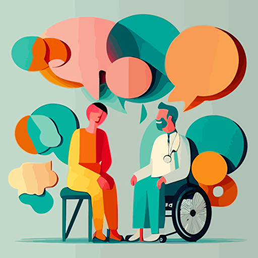 nurse behind man in wheelchair, happy, speech bubble, network, paper cutout collage vector, communication, interconnectedness, warm, positive