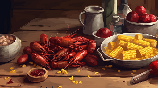 a crawfish boil spreaded out on a table, crawfish, corn cobs, sliced saugages, small red potatoes, vector, oil painting style