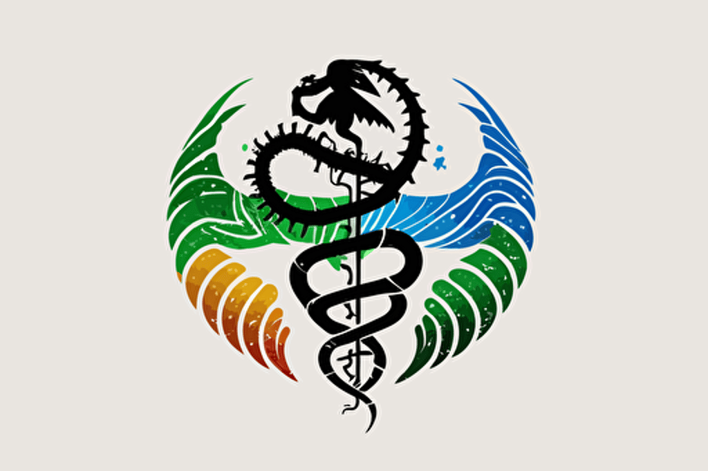 I would like a flat vector logo for my AI-driven medical technology company that incorporates a circle, gradient, and elements related to medical and artificial intelligence in a simple and minimalistic style. Instead of the dragon wrapped around the earth, use a stylized DNA helix or caduceus intertwined with a circuit or data stream to represent the fusion of medical knowledge and artificial intelligence. Use modern and tech-inspired colors like blue, green, or gray to convey innovation and energy. The logo should be clean, memorable, and easily recognizable, reflecting the essence of the AI-driven medical technology field.