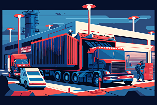 a packaging factory, pick up trucks, logistics, vector art style, blue and red colour scheme,