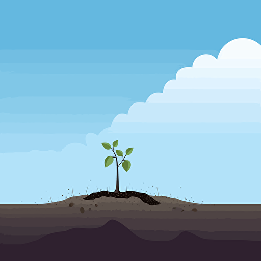 a small sprout coming through the dirt in an empty garden. Blue sky. Trees in the background. Vector illustration.