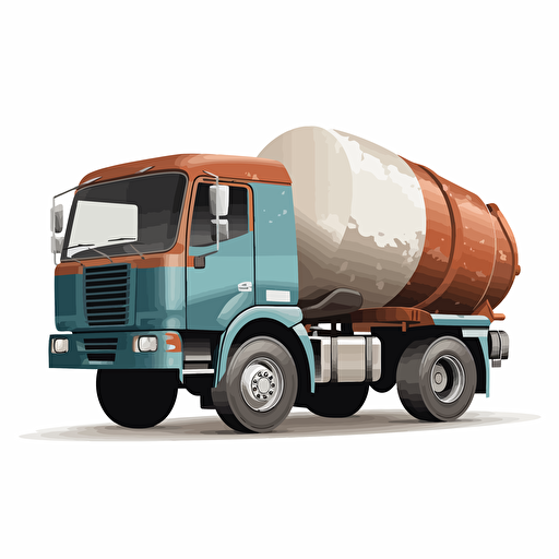 concrete mixer truck with wooden barrel, vivd colors, 2D vector style