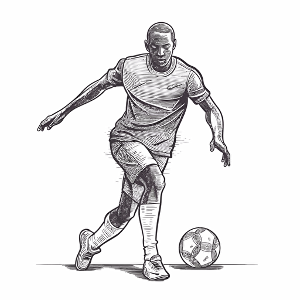 vector illustration line drawing of a young African man Soccer player, playing soccer.